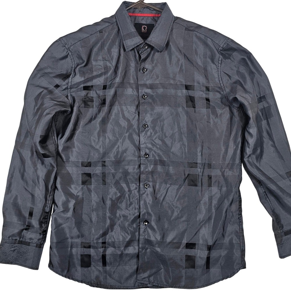Vaquero Signature Mens Large Charcoal Grey Plaid Textured Button Down‎ Shirt L/S